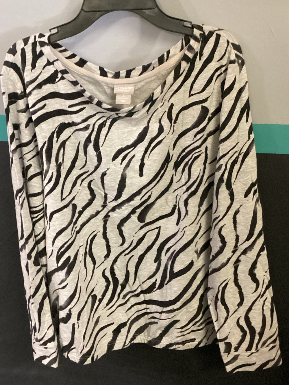 Chico's Gray and Black Zebra-Stripe Long Sleeve Top